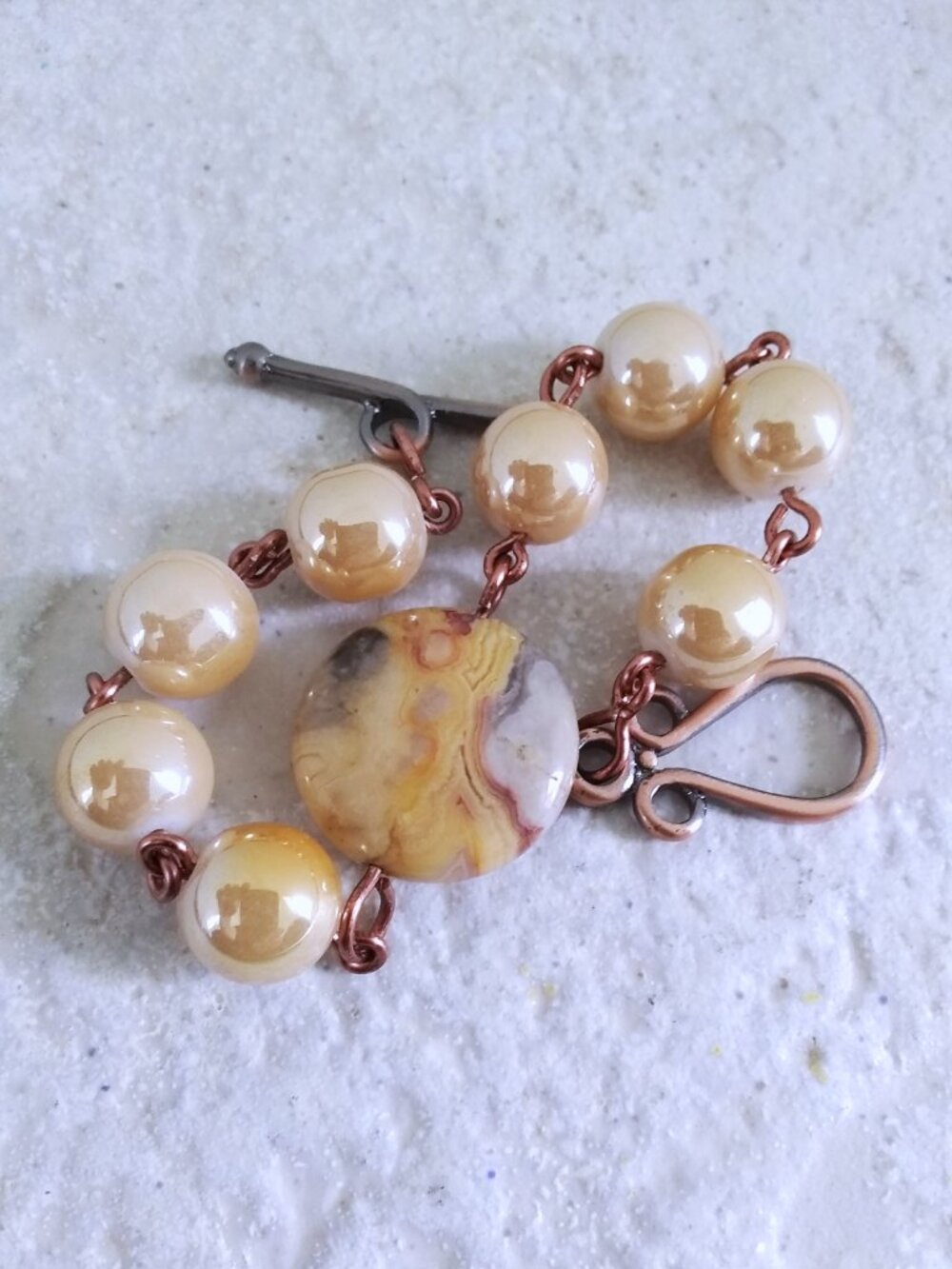 Sugar + Spice! OOAK! Crazy Lace Agate Bracelet - Yellow Tan Gray Copper - 6.75"